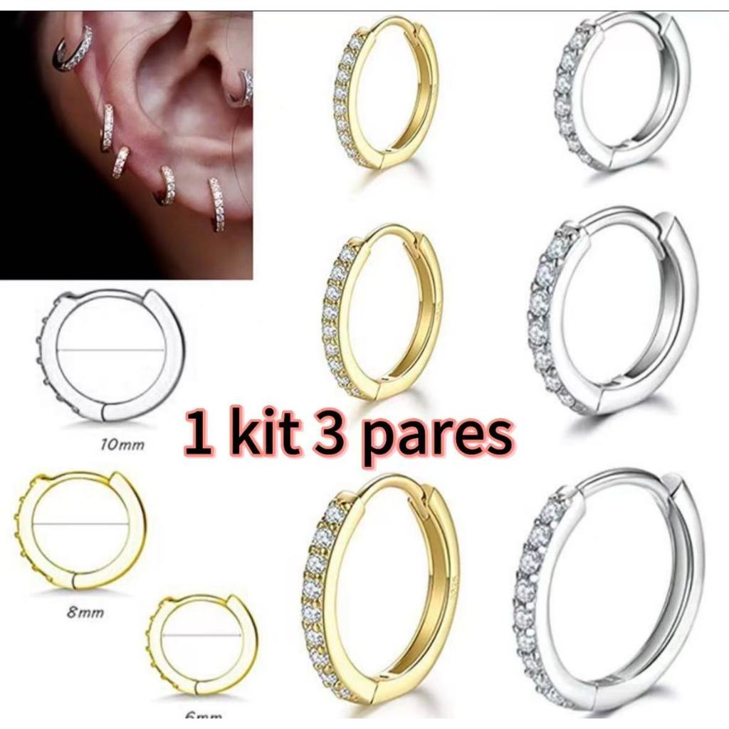3 PARES Brinco Argola Simples em Aço Inoxidável com Zircônia Hipoaлерgênica - Minimalista e Elegante