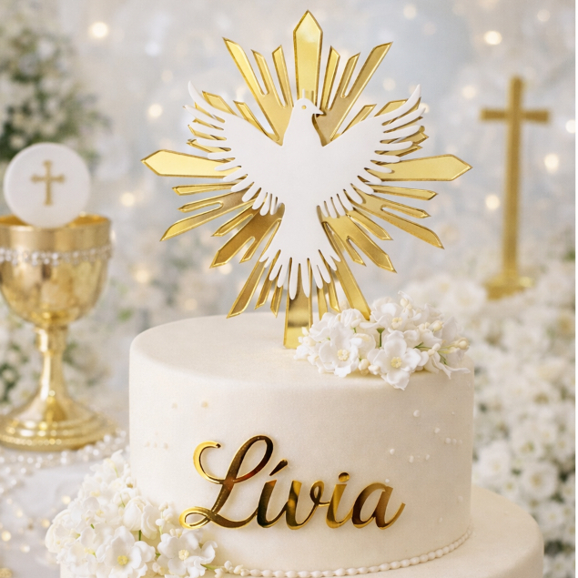 Topo de Bolo Batizado Divino Espírito Santo Luxo - Papel Laminado Dourado e Branco Lamicote 250g em Oferta na Shopee