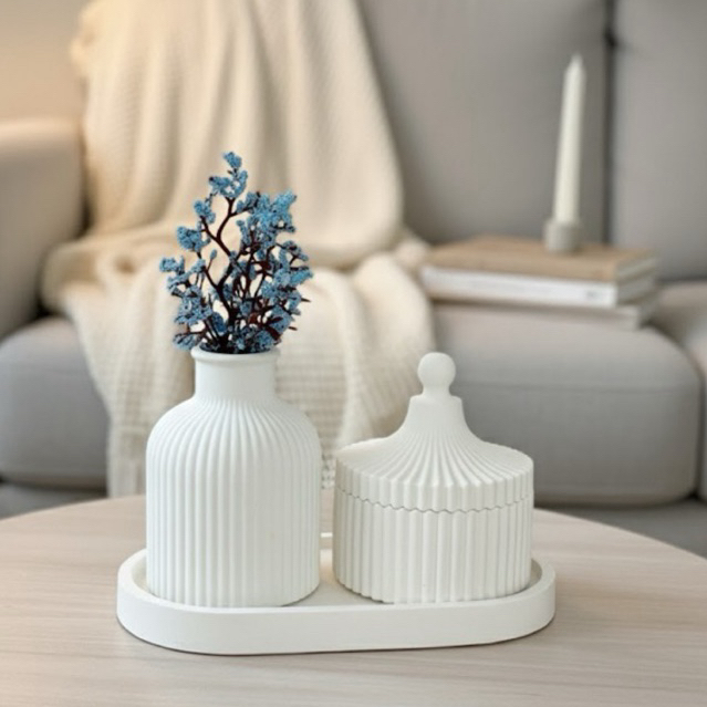 Kit Decorativo Minimalista em Gesso Artesanal – Vaso, Bandeja e Pote com Tampa para Sala, Quarto em Oferta na Shopee