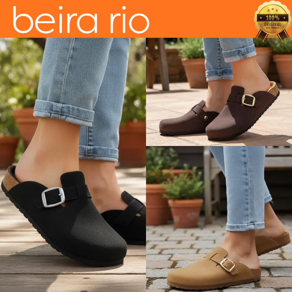 Clog Beira Rio Feminino Mule Papete Sandália Calce Fácil Conforto Camurça Fivela Flat Dia a Dia Original