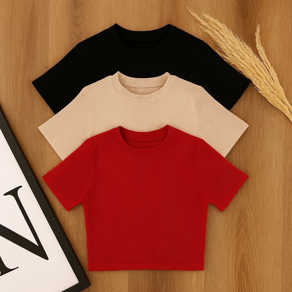 Kit 3 Cropped Ribana Canelado Manga Curta Algodão Premium Casual