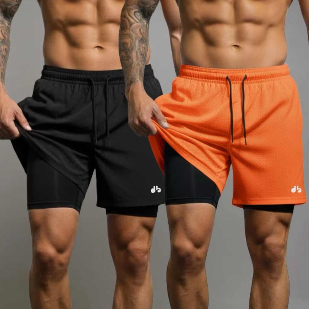 Kit 2 Bermudas Masculinas 2 em 1 Academia com Bolso Interno – Shorts Forrados interno Compressão