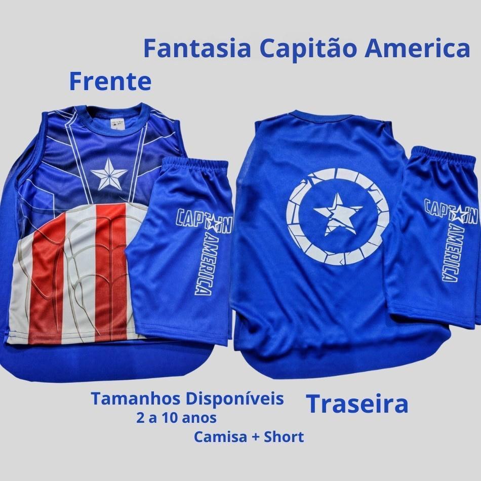 Roupa Infantil Fantasia Menino Capitão América estampado kit bermuda + camisa + Capuz