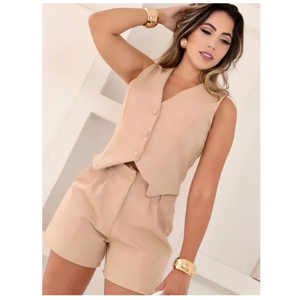 Conjunto Feminino Alfaiataria Luxo - Short e colete Social Elegante Moda Verão 2026