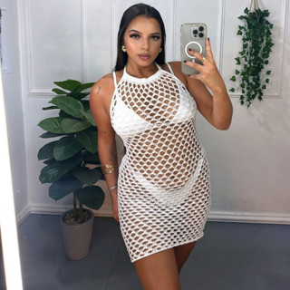 Vestido Saida de Praia Feminina Vestido Curto de Banho Croche Chic Rendado Costa Nua Tricot