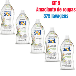 Kit 5 Amaciante Girando Sol Coco E Baunilha Concentrado 1,5L - O Kit Rende até 375 Lavagens