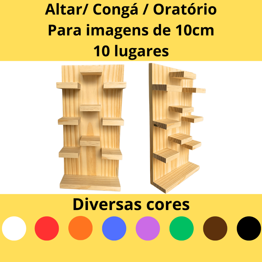 Altar congá oratório 10 lugares para imagens de 10cm em madeira com kit instalação fácil para parede