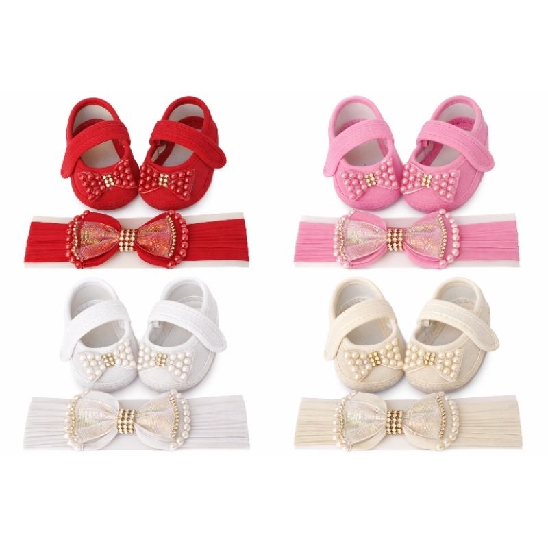 sapatinho para bebê com pérolas+ faixa de cabeça, sapatinho para bebê festa, saída maternidade, batizado ou apresentação