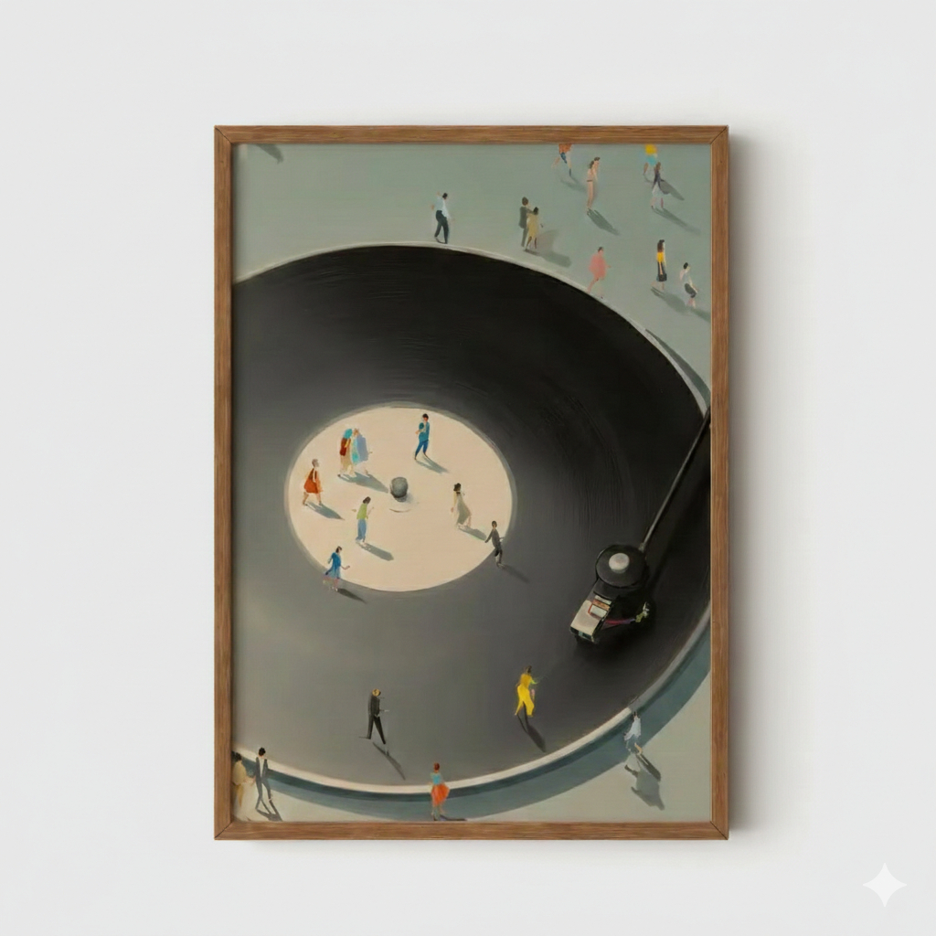 Quadro decorativo Disco de vitrola pessoas círculo vintage (1 peça)