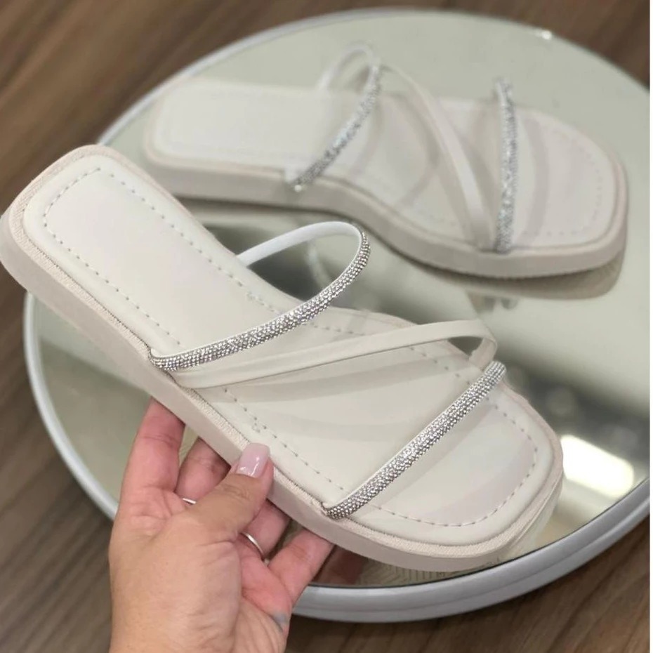 Sandália Feminina Papete Birken Strass Sola Baixa Lançamento Exclusivo