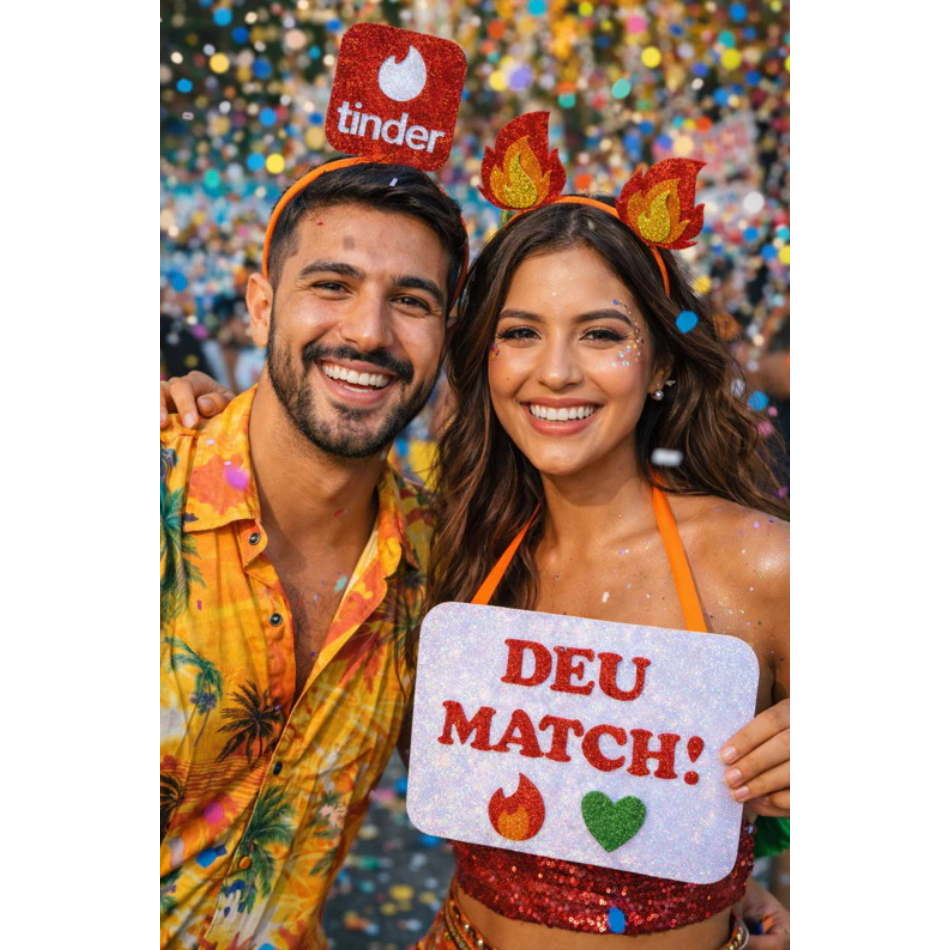 Conjunto de 3 Peças Tinder de carnaval - 2  Tiaras (Tinder e Fogo) e 1 Plaquinha( Deu match!)
