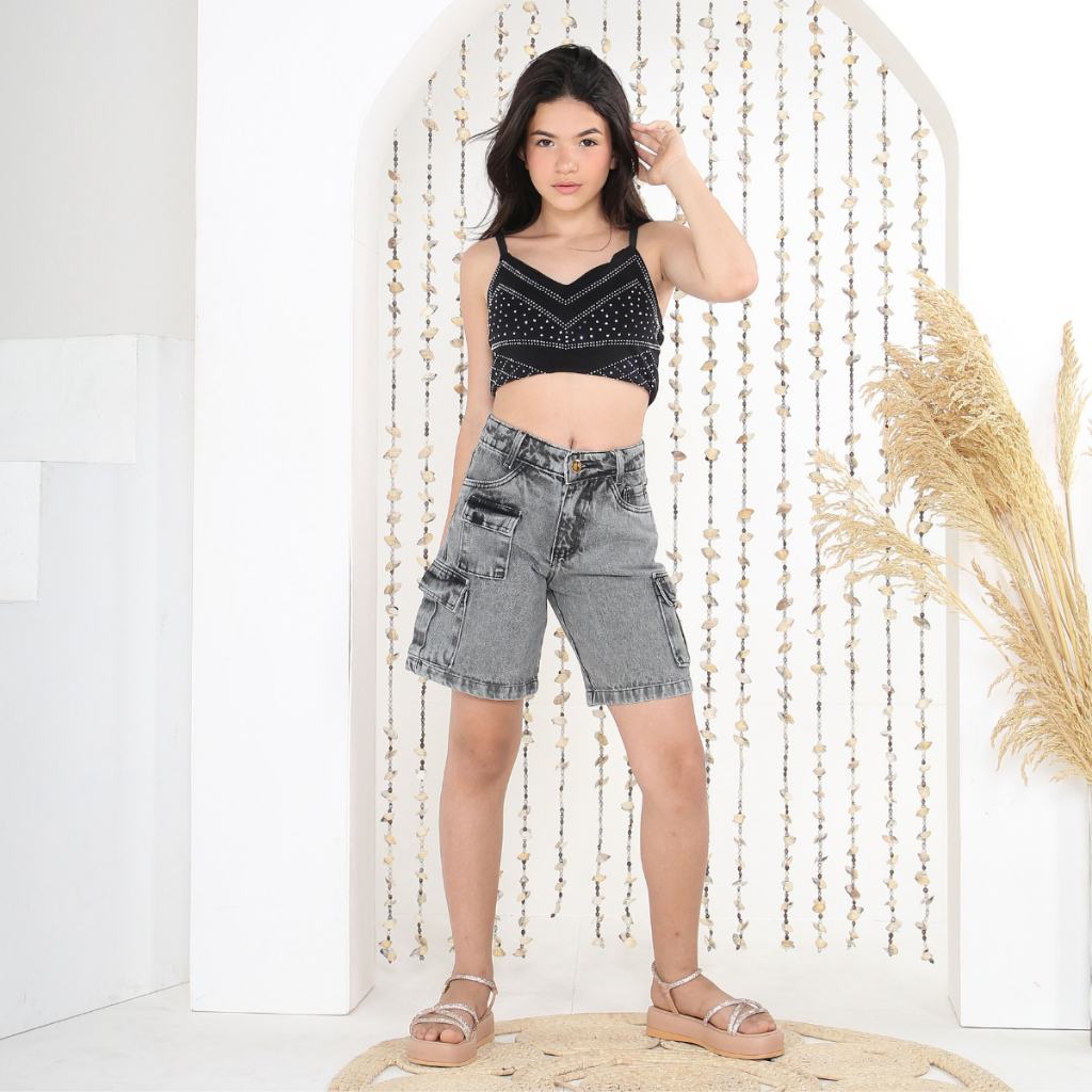 Short cargo pedal jeans infantil juvenil bolsos laterais