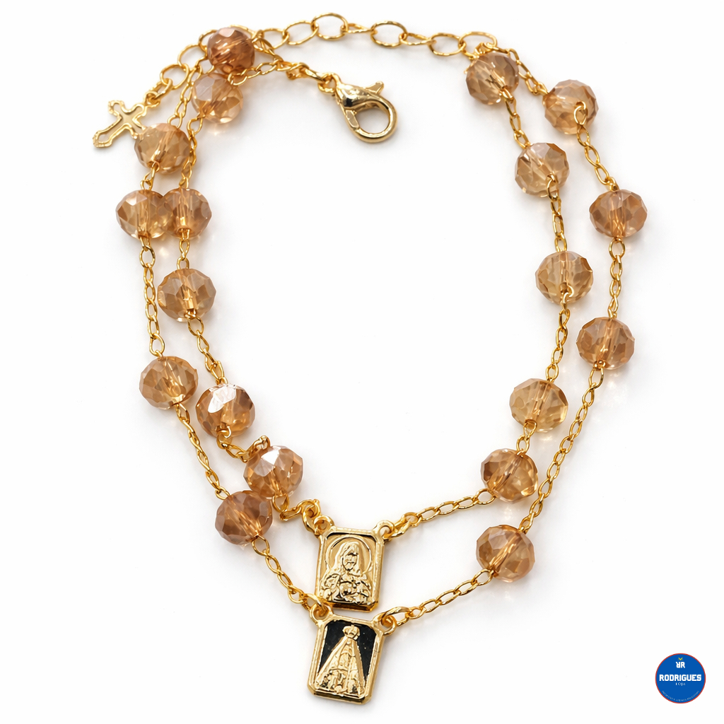 Pulseira Escapulário Nossa Senhora Aparecida Dourada 21cm Cristal Religiosa
