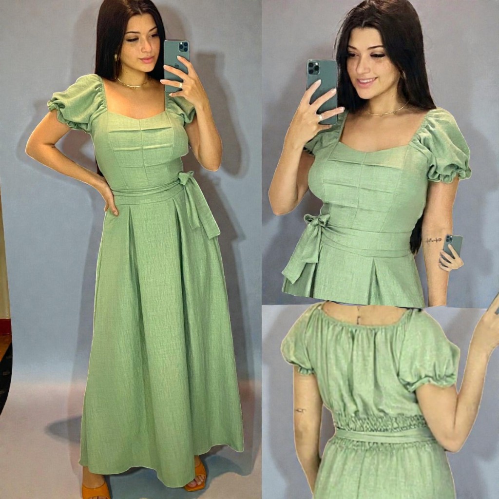 VESTIDO FEMININO LONGO PRINCESA MANGAS E CINTO NO DUNA LINHO MODA CASUAL ELEGANTE LUXO FESTA em Oferta na Shopee
