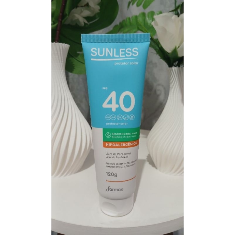 Protetor Solar Hipoalergênico Sunless FPS40 120g Farmax em Oferta na Shopee