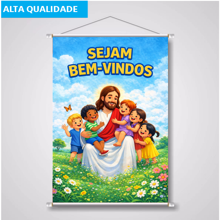 Banner Igreja “Sejam Bem-Vindos” Jesus com Crianças – 70x100cm | Lona 440g Alta Qualidade em Oferta na Shopee
