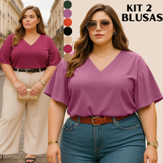 BLUSA FEMININA PLUS SIZE ESTILOSA KIT 2 BLUSAS MODA SOCIAL CASUAL SOLTINHA GRANDE BASICA LISO FRESQUINHA BARATO SENHORA em Oferta na Shopee