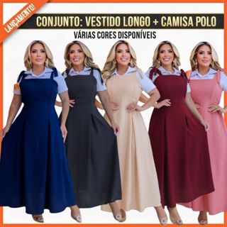 VESTIDO LONGO  EM CREPE DUNAS + CAMISETA BRANCA SOCIAL CULTO, CONGRESSO, MODA EVANGÉLICA MODA CRISTÃ em Oferta na Shopee