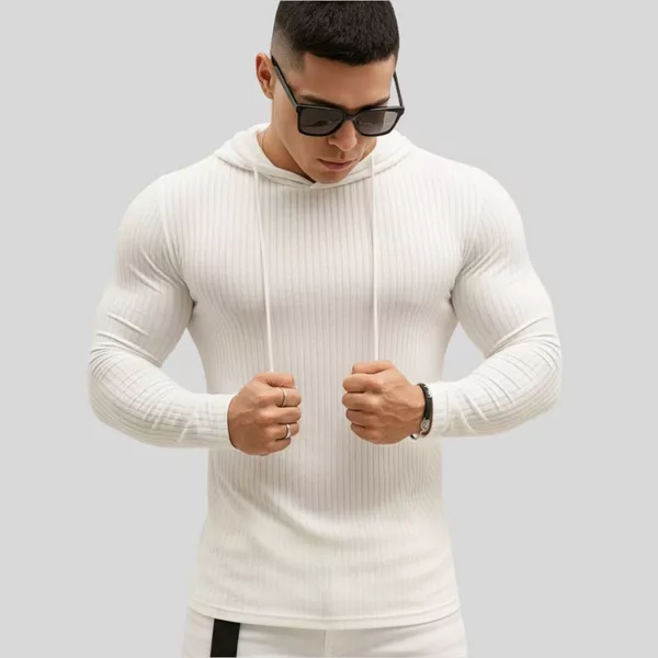 Camiseta Canelada Americana Capuz Manga longa Masculina Slim casual