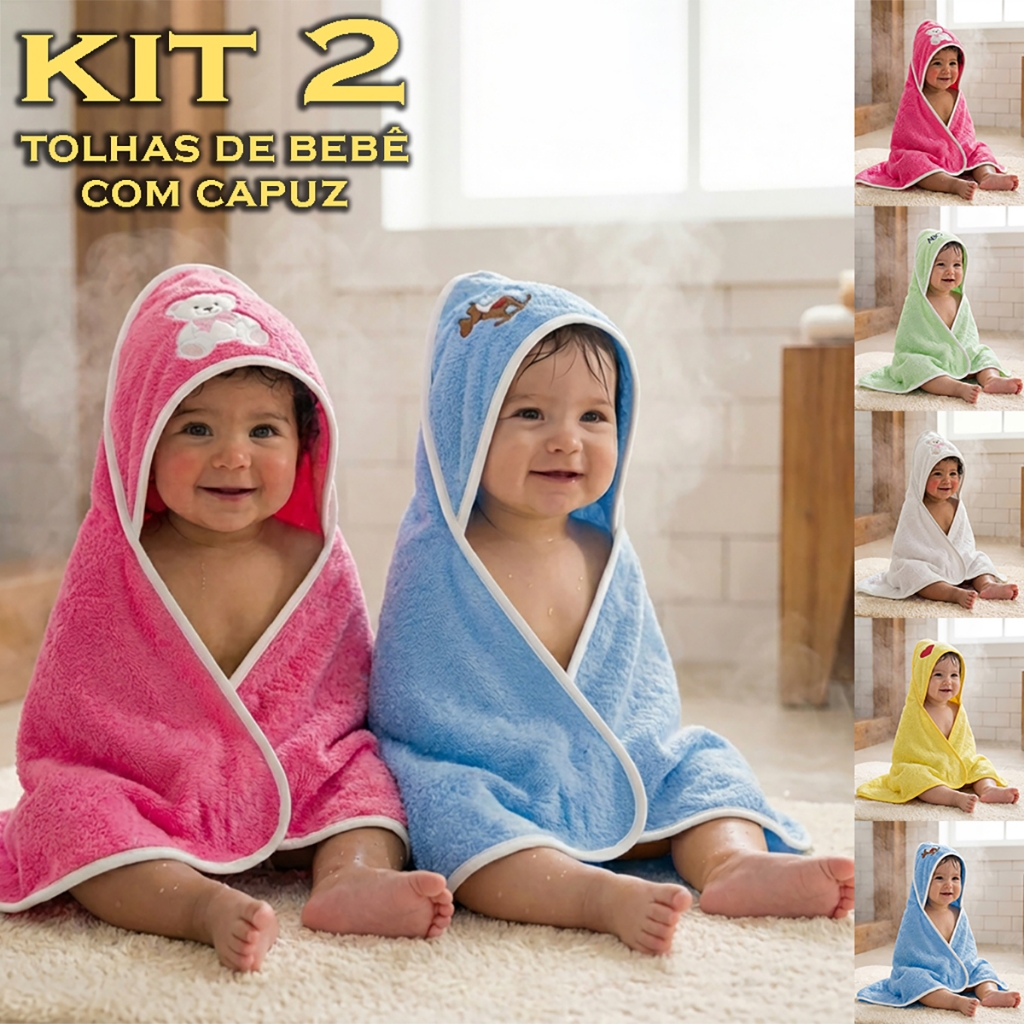 Kit 2 Toalhas De Banho Infantil para Bebê Felpuda Com Capuz Excelente Absorção