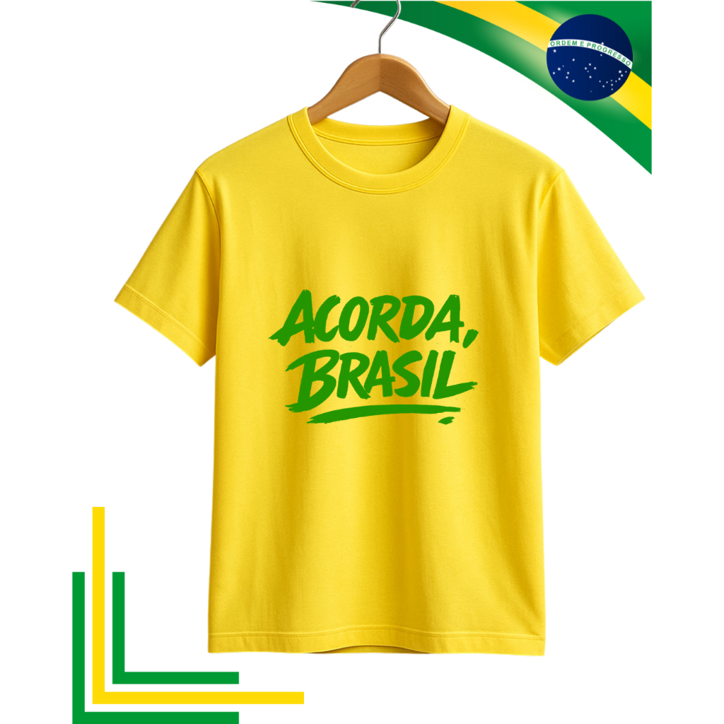 CAMISETA ACORDA BRASIL BRANCA VERDE AMARELA em Oferta na Shopee