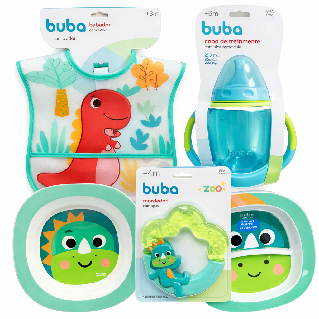 Super Kit 05 Peças Buba Kids Alimentação Babador, Mordedor, Prato + Bowl e Copo de Treinamento