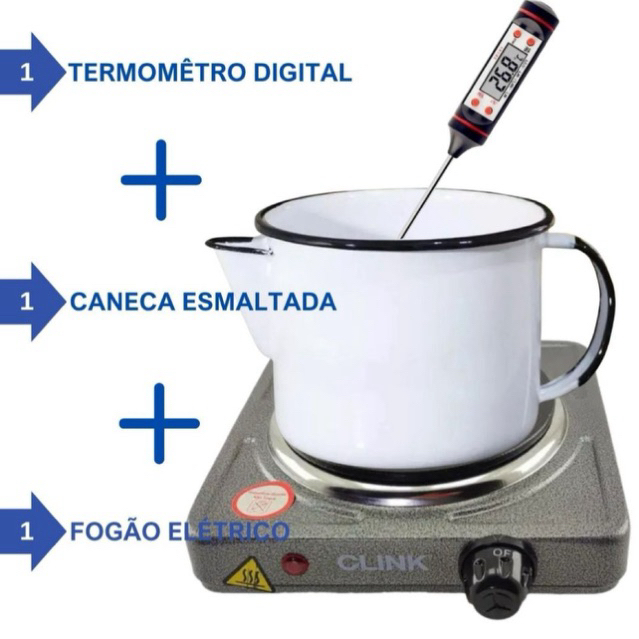 Kit Caneca branca Esmaltada 1L + Fogão Cinza Escuro Elétrico 110v + termômetro digital