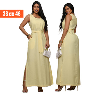 Vestido Longo Feminino Alfaiataria Elegante com Faixa Versátil e Bolsos Funcionais do 38 ao 46 em Oferta na Shopee