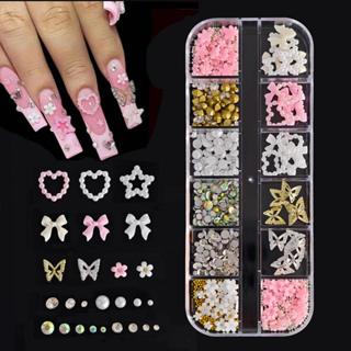 12 grades rosa branco resina arco prego encantos liga oco borboleta, forma de coração pérola, flores, ab strass gemas em Oferta na Shopee