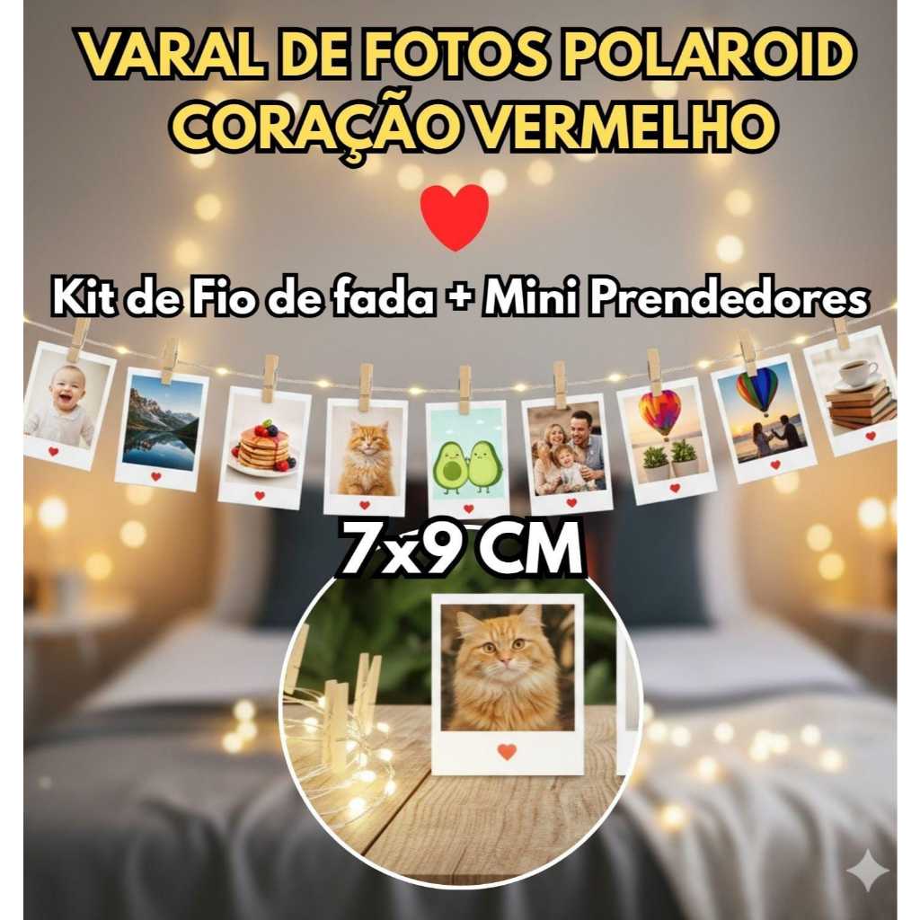 VARAL POLAROID 2 METROS + Fio de Fada + Prendedores,Coração Vermelho/Frases Personalizadas,Presente Decorativo romantico