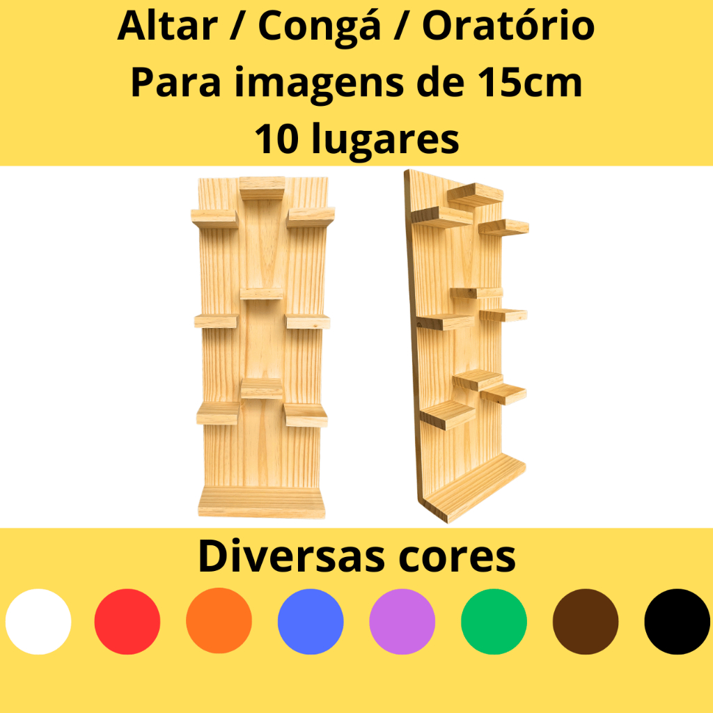Altar congá oratório 10 lugares para imagens de 15cm em madeira com kit instalação fácil para parede