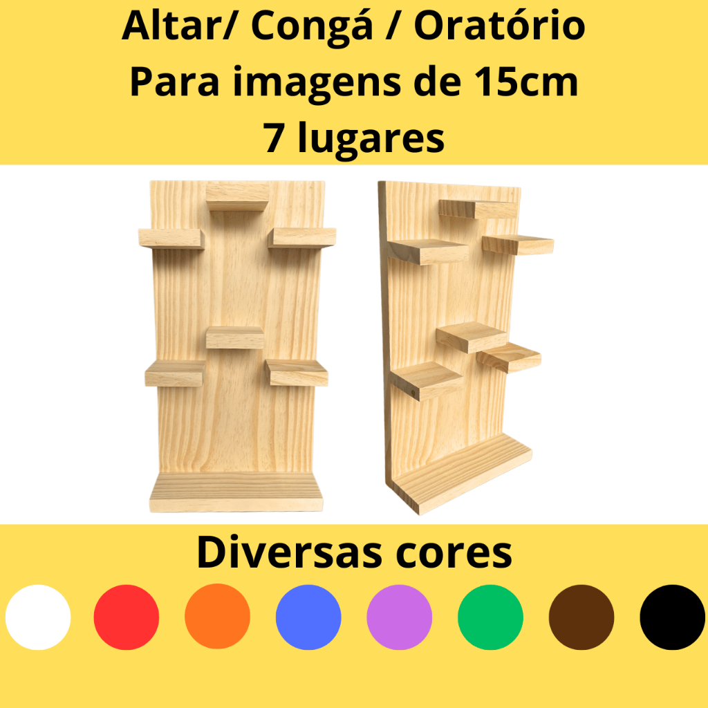 Altar congá oratório 7 lugares para imagens de 15cm em madeira com kit instalação fácil para parede