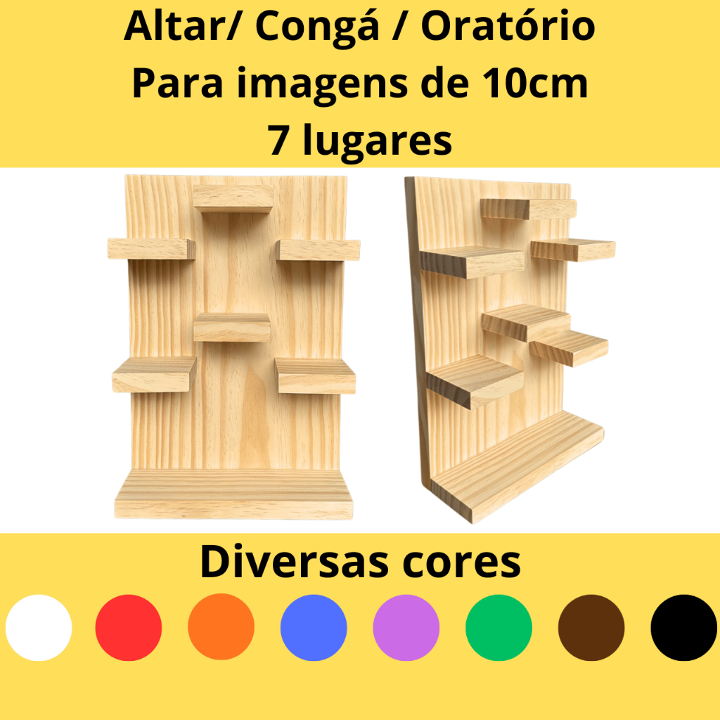 Altar congá oratório 7 lugares para imagens de 10cm em madeira com kit instalação fácil para parede