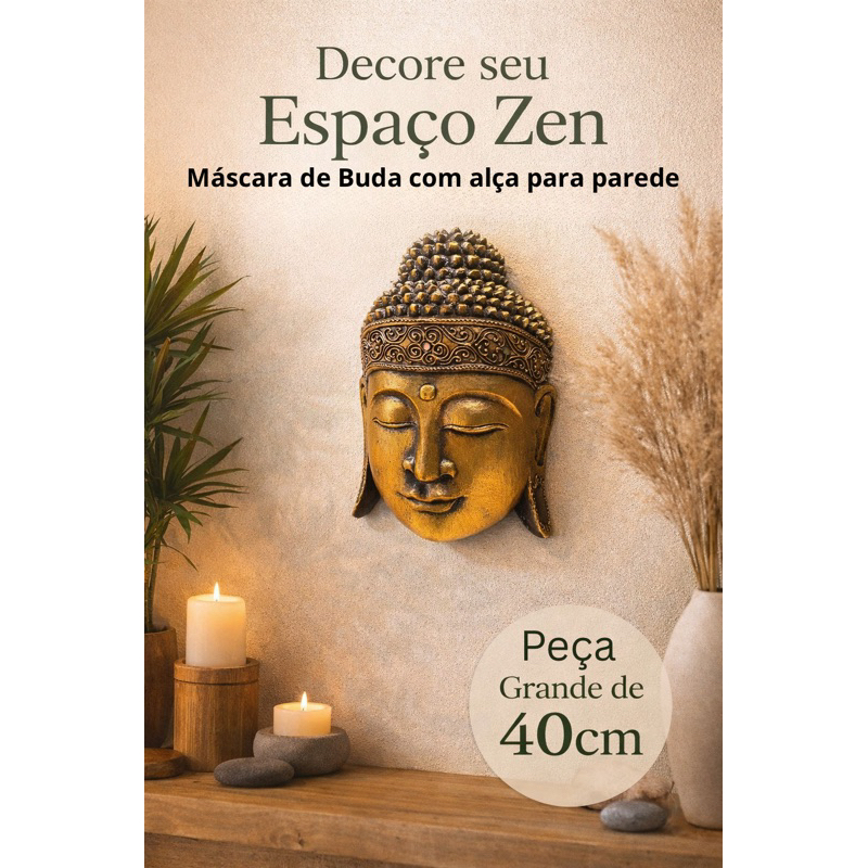 Imagem Máscara Buda 40cm em Madeira com alça - decoração de parede - Escultura Carranca Decorativa - Estátua para Decoração Zen