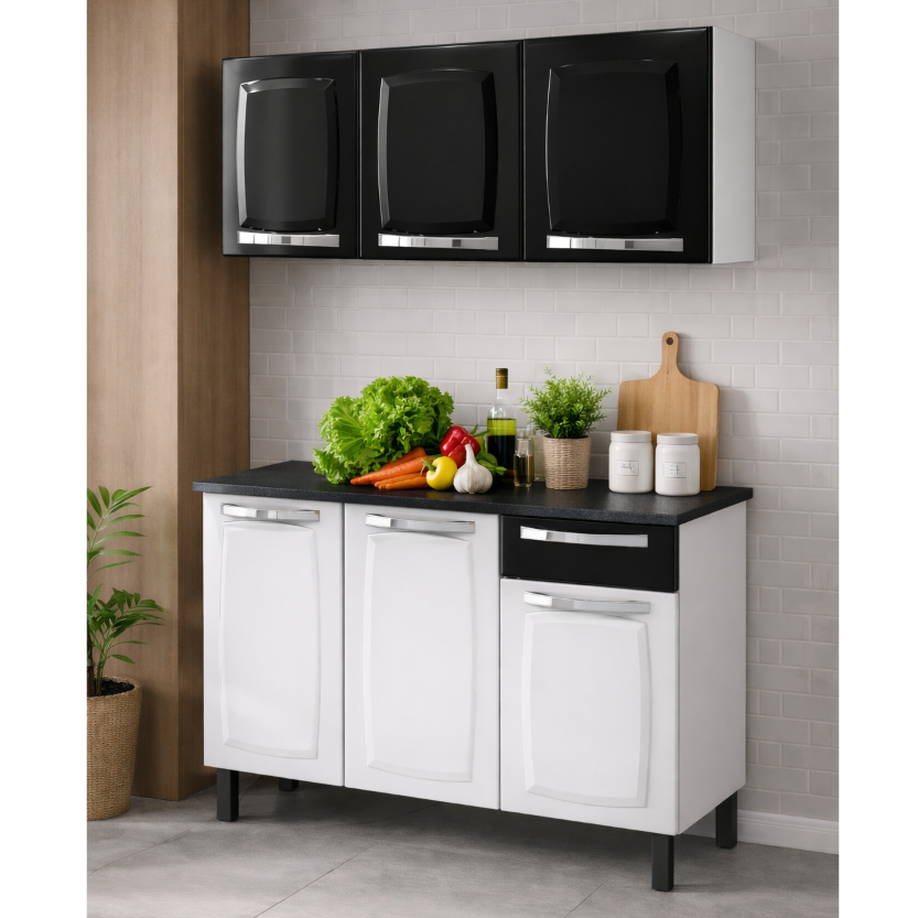 Cozinha Itatiaia Rose Kit 105cm Aço Branco Balcão com Tampo MDP e Armário Aéreo 3 Portas