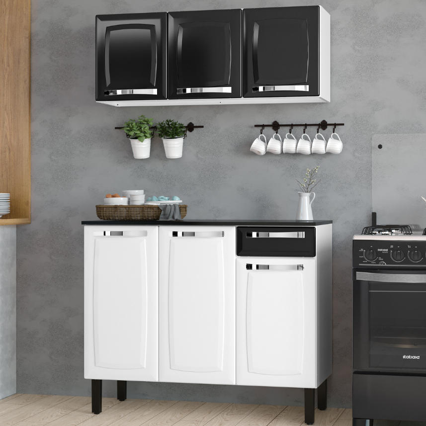Kit Itatiaia Rose Cozinha Completa 105cm Balcão com Gaveta Tampo MDP + Armário Aéreo Aço Branco