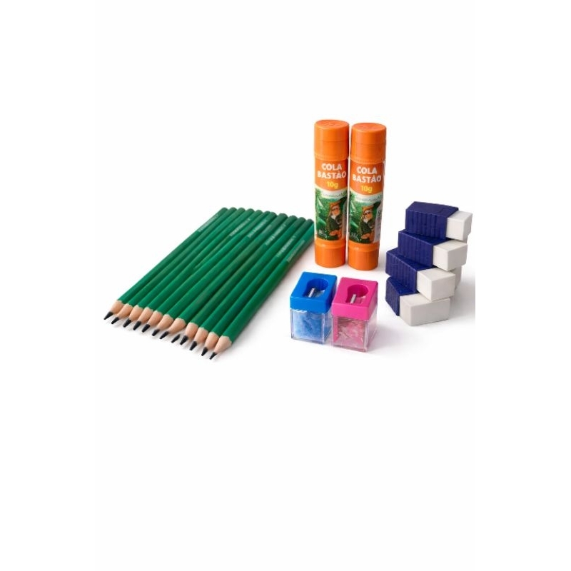 Kit Escolar Completo Volta às Aulas  Lápis + Cola + Apontador + Borracha em Oferta na Shopee