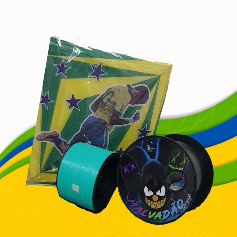 Kit Pipa Completo – Carretilha 21 cm adesivada + 50 Peixinhos 35x35 + Linha 3000J nylon