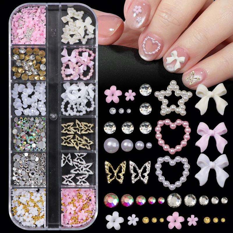 DIY 12 grades rosa branco resina arco prego encantos liga oco borboleta,forma de coração pérola,flores,ab strass gemas