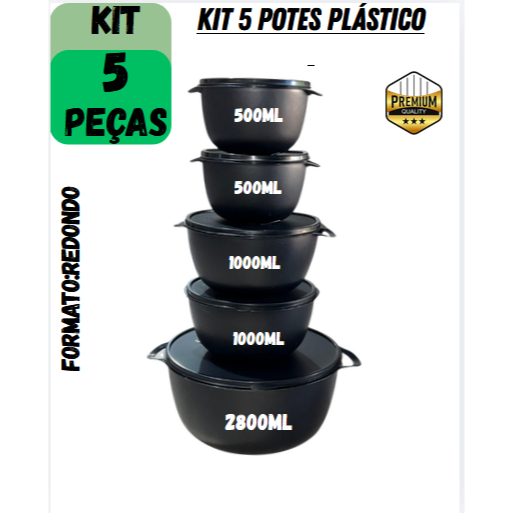 Kit Redondo 5 Potes Herméticos Plástico – Organização Prática e Moderna para a Sua Cozinha Alimentos Mantimentos