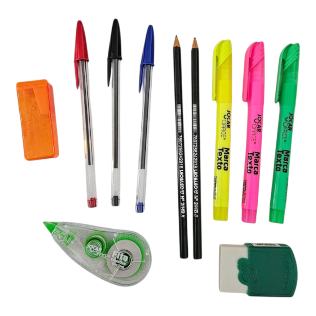 Kit Escolar Caneta Preta/Azul/Lápis/Borracha/Apontador/Marca Texto/Fita Corretiva/Caneta Colorida em Oferta na Shopee