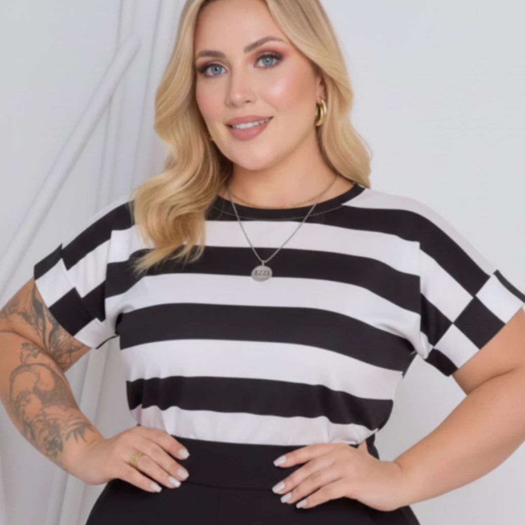 Blusa Camiseta Plus Size (50 ao 52) Listrada Feminina T shirt Manga Japonesa Curta Dobrada Viscolycra