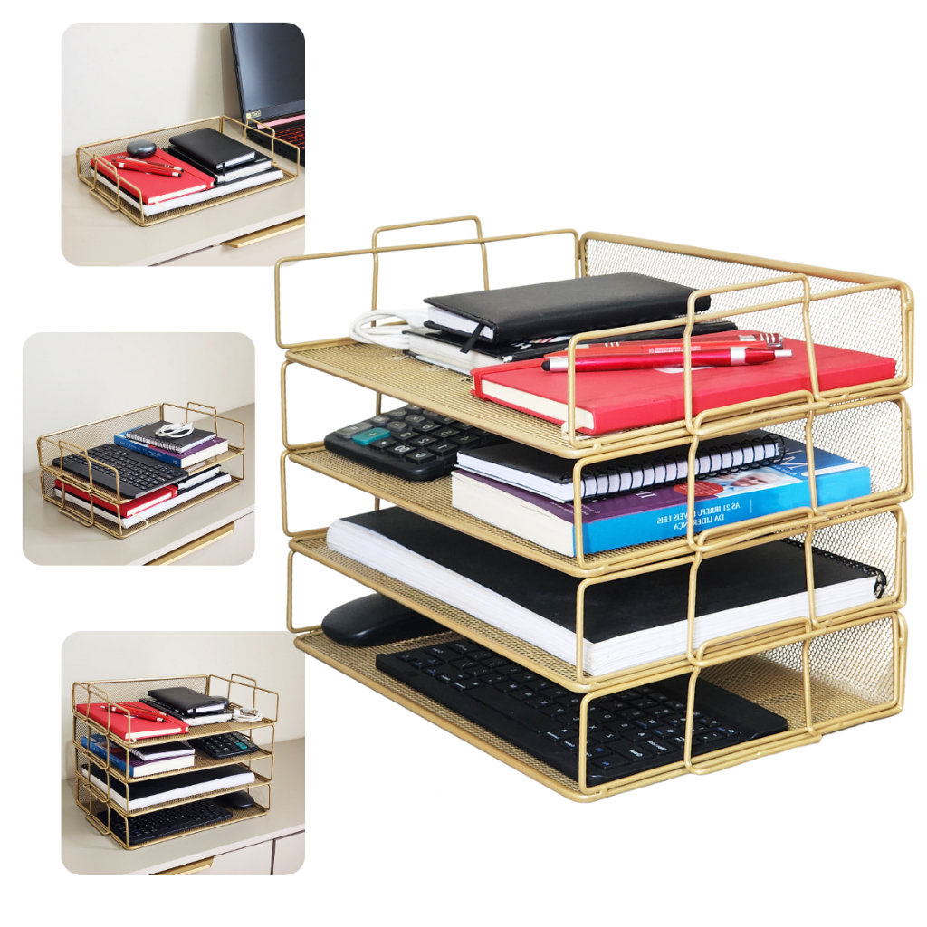 Bandeja Empilhavel Dourada Escritório para Documentos Arquivo Porta Objetos Prateleira Escritorio