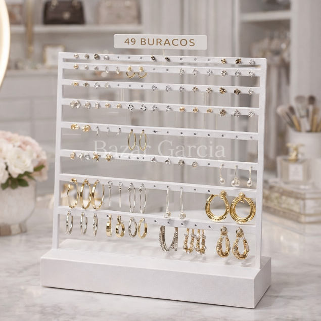 Suporte Organizador de Brincos 49 Furos — Display Porta Joias — Branco/Preto/Dourado