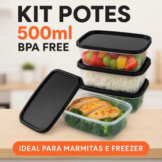Kit marmita Fitness Pote 500ml BPA Free Transparente Microondas e Freezer Organizador de alimentos em Oferta na Shopee