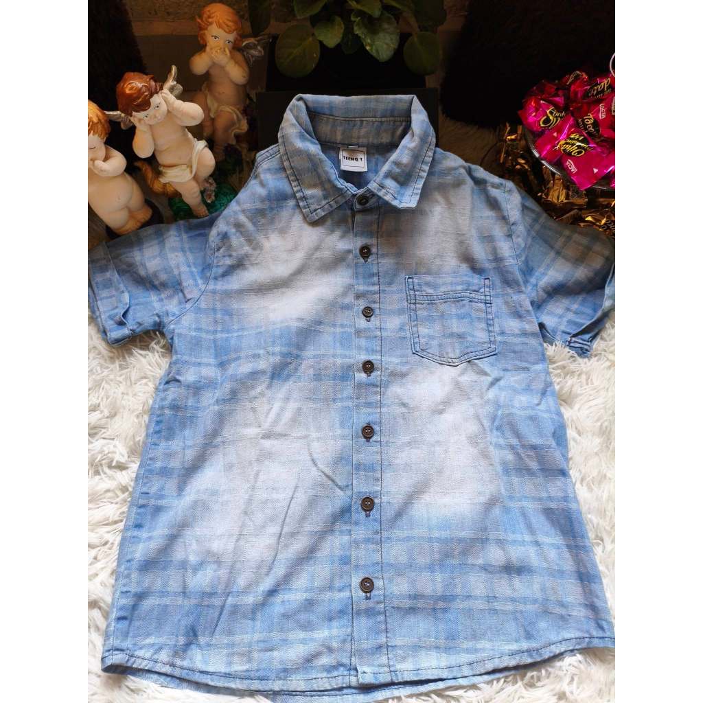 Camisa Juvenil Masculina, Modelo Manga Curta, Jeans Trabalhado, Tam: 12, Marca: Dmbauer