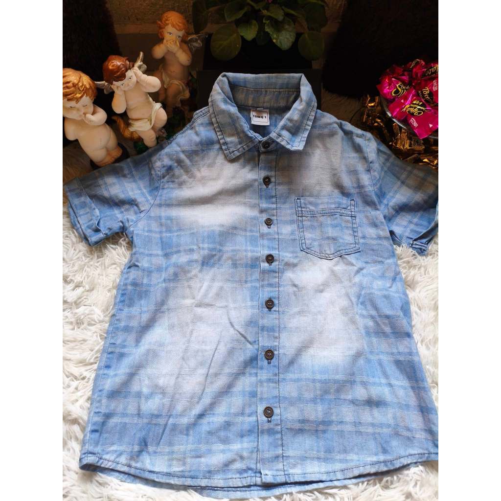 Camisa Juvenil Masculina, Modelo Manga Curta, Jeans Trabalhado, Tam: 12, Marca: Bauerbauer