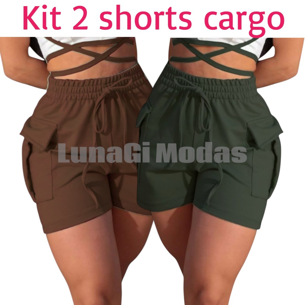 Kit 2 Short Feminino Cargo Moletinho tendência bolso moda feminina confortável fresquinho