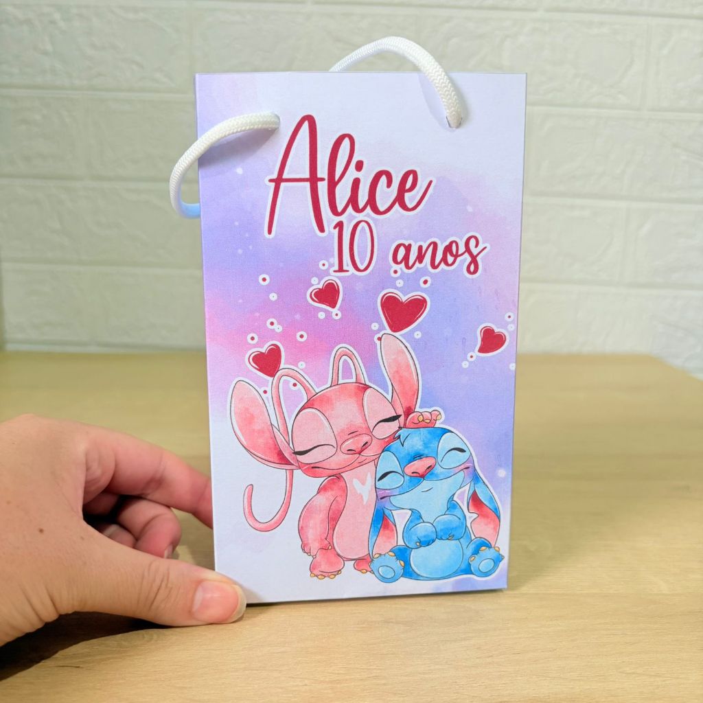 Sacolinha Personalizada Stitch e Angel Aquarela PEGUE E MONTE - Sacola Personalizada Suspresa - Lembrancinhas