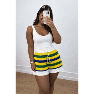 Shorts Tricô Brasil Cintura Alta Ajustável Tamanho Único 36 ao 42 Verão em Oferta na Shopee